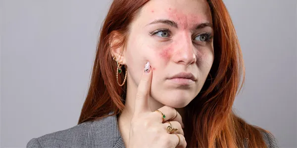 Egzema na twarzy w okolicy nosa i czoła u młodej kobiety